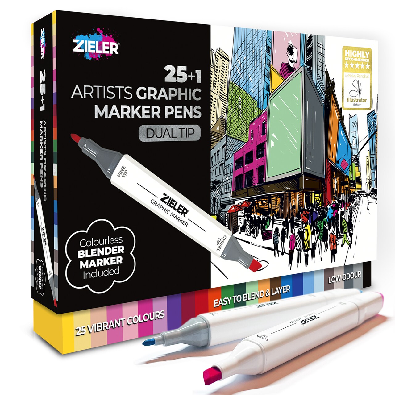 Zieler® 25 Artists Graphic Marker Pens + 1 Blending Marker, Dual Tip